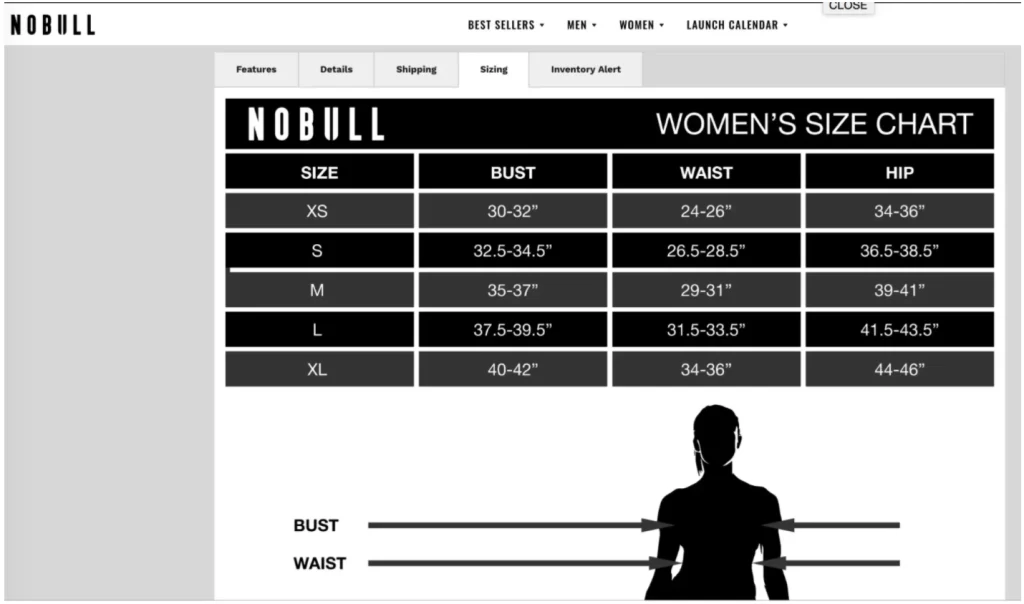 Sizing chart example to improve UX