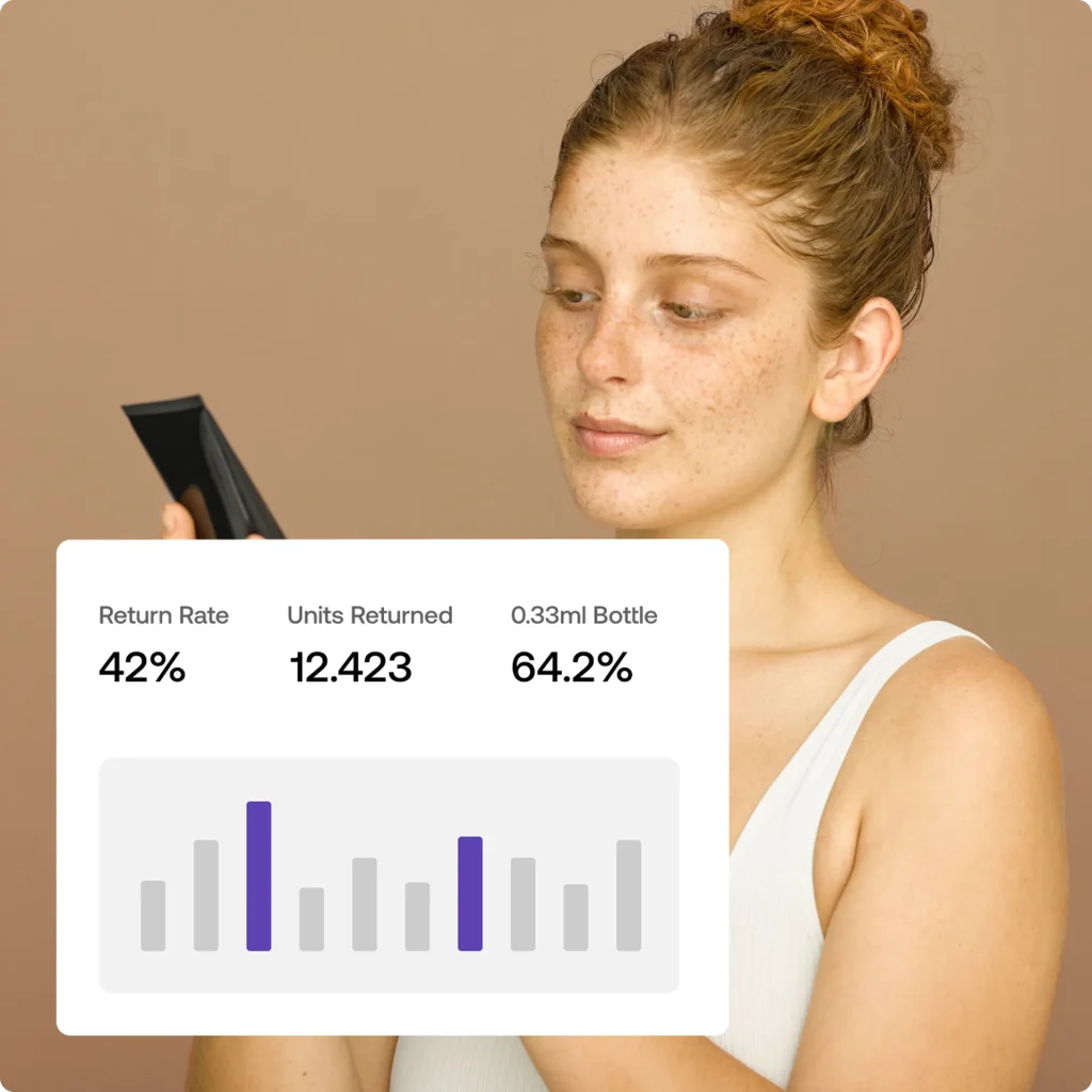 Women on her phone understanding return metrics. 